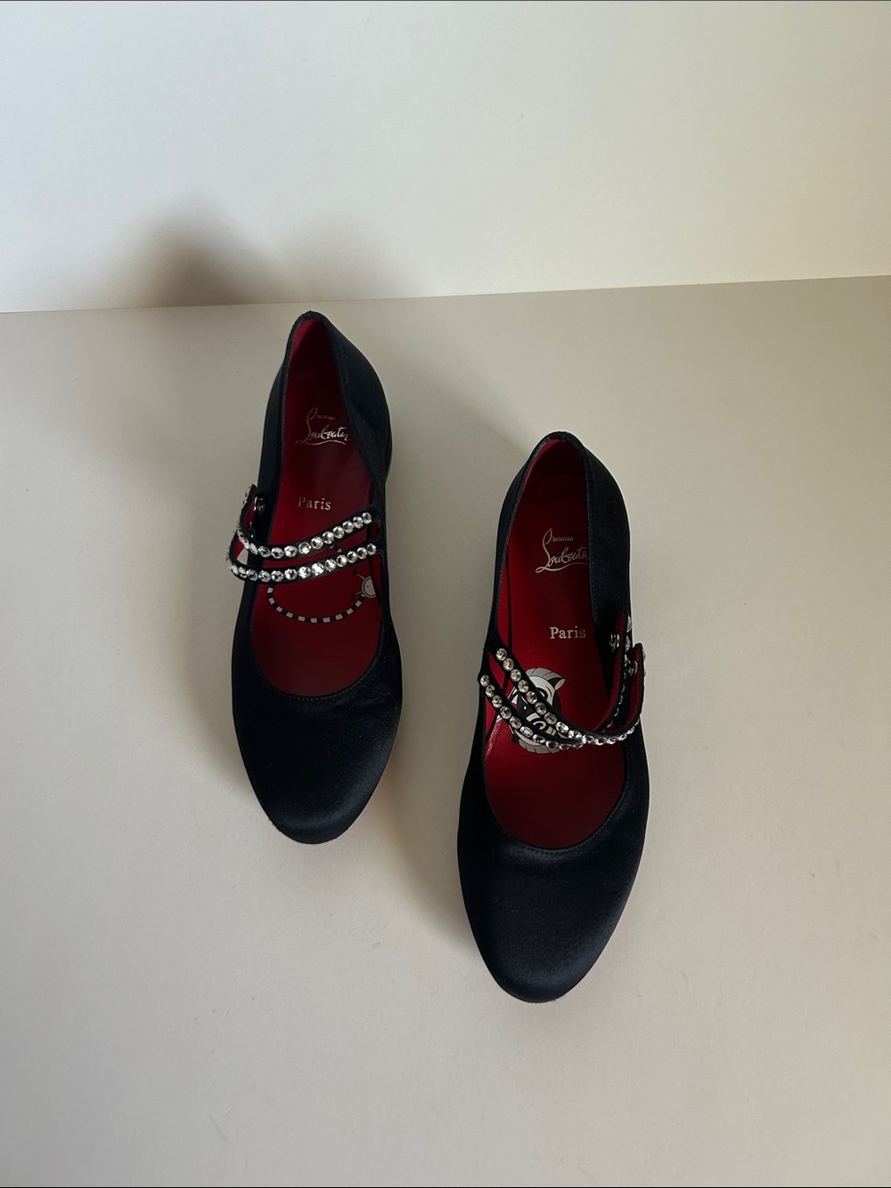 Christian Louboutin Black Satin Mary Jane Pumps with Crystal Straps